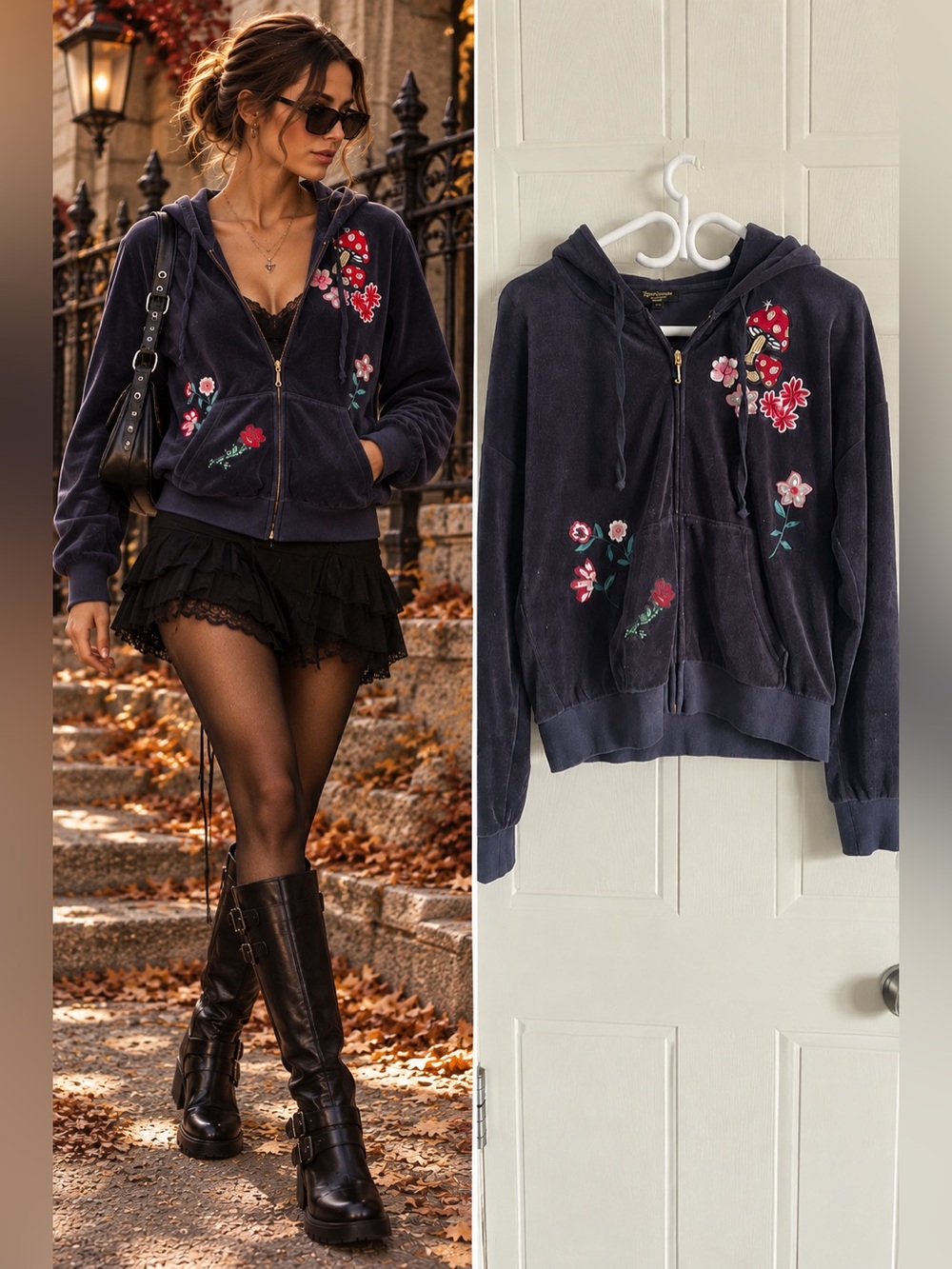 Juicy Couture Navy Floral Mushroom Velour Zip Hoodie Relaxed Y2K Whimsigoth M